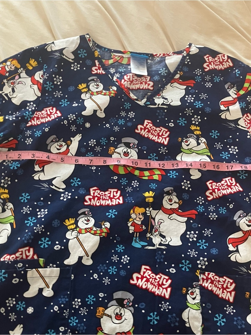Frosty the Snowman V-Neck Medical Scrub Top Size M Navy Blue Christmas Holiday - Picture 9 of 16